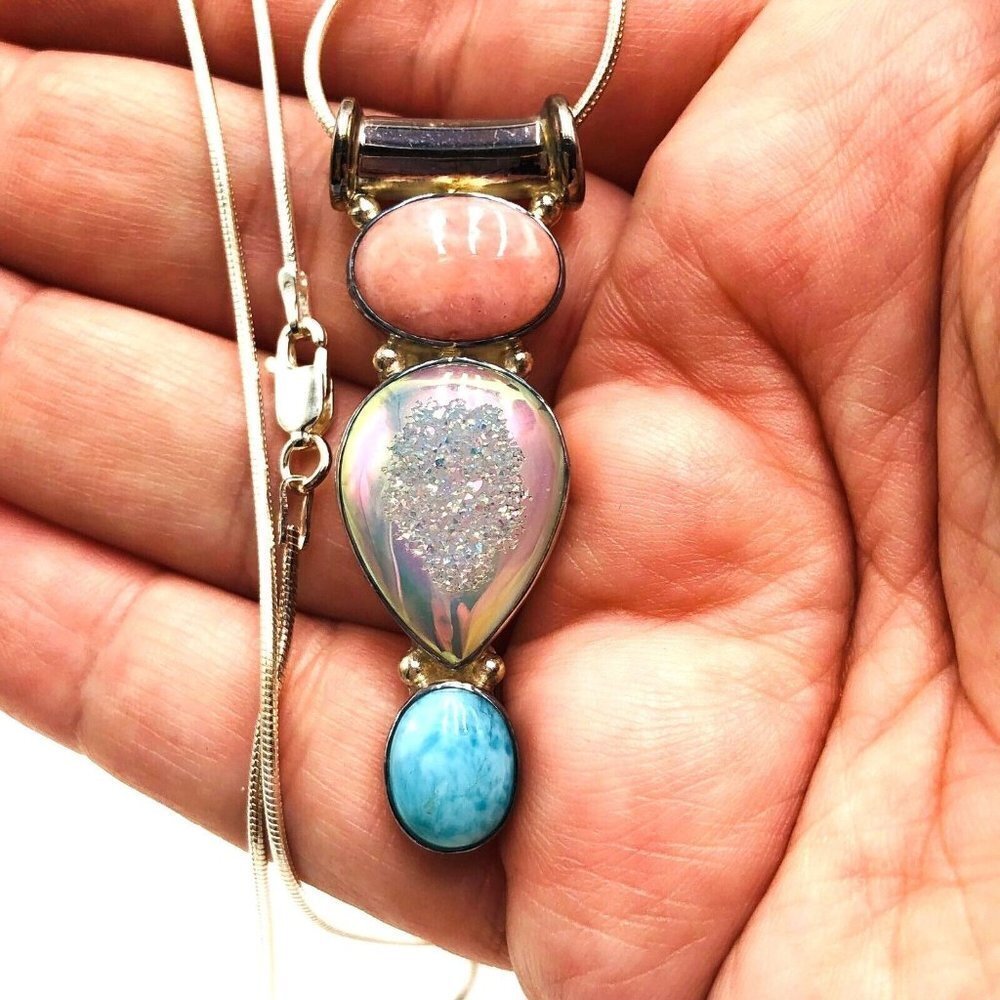 Sajen Blue Larimar Drusy Quartz Pink Pendant Sterling Silver Pendant Necklace 111$